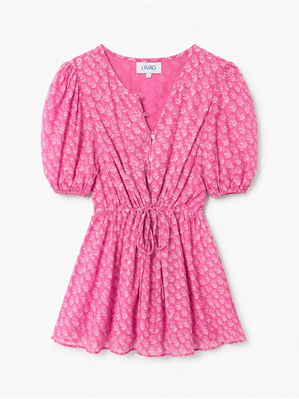 LIVRO Pink & White Printed 100% Cotton Mini Dress Size L